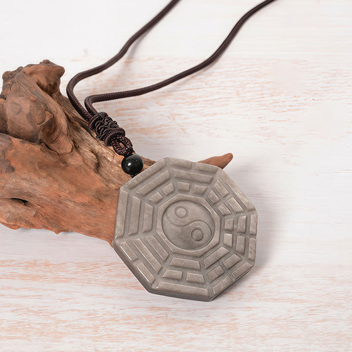 Buddha Stones Collier avec pendentif en obsidienne argentée brillante Bagua Yin Yang Symbole de protection - image 3