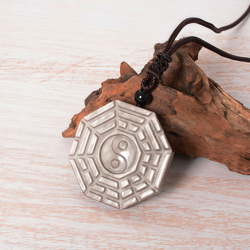 Buddha Stones Collier avec pendentif en obsidienne argentée brillante Bagua Yin Yang Symbole de protection - image 2