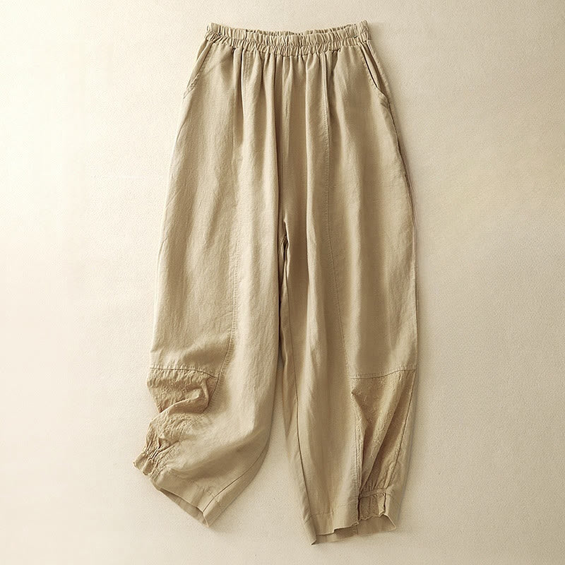 Pantalon court décontracté en coton avec broderies et patchwork de Buddha Stones , longueur 7-8, pour femme, avec poches - verge d'or - US8-10，UK/AU12-14，EU40-42 (2XL) - image 0