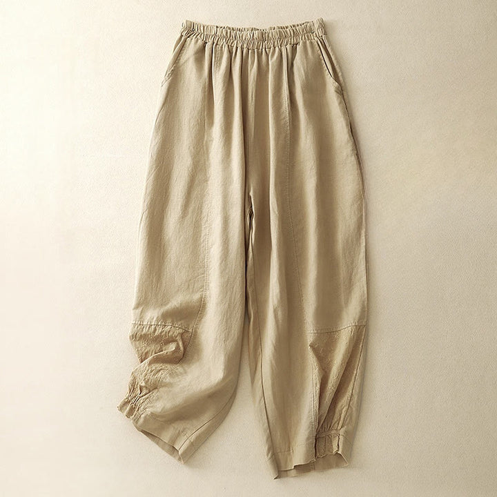 Pantalon court décontracté en coton avec broderies et patchwork de Buddha Stones , longueur 7-8, pour femme, avec poches - verge d'or - US8-10，UK/AU12-14，EU40-42 (2XL) - image 0