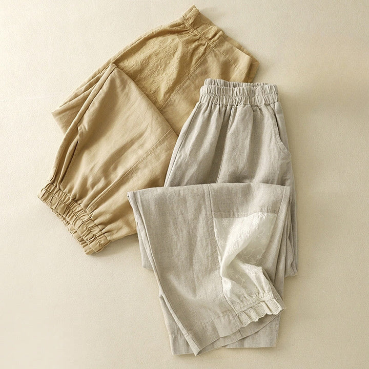 Pantalon court décontracté en coton avec broderies et patchwork de Buddha Stones , longueur 7-8, pour femme, avec poches