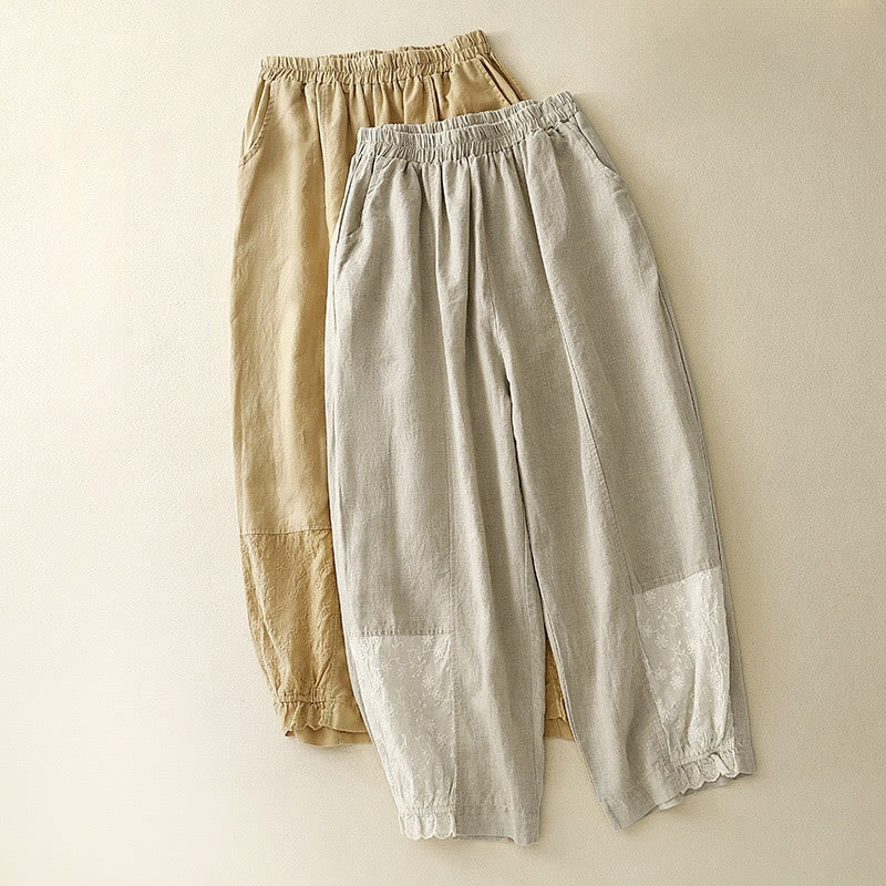 Pantalon court décontracté en coton avec broderies et patchwork de Buddha Stones , longueur 7-8, pour femme, avec poches