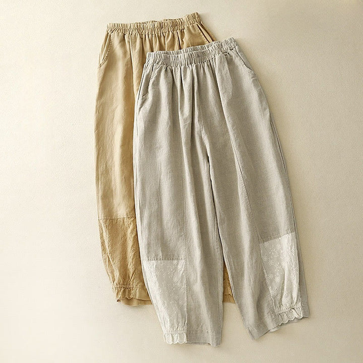 Pantalon court décontracté en coton avec broderies et patchwork de Buddha Stones , longueur 7-8, pour femme, avec poches