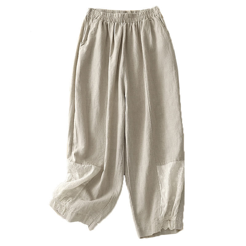 Pantalon court décontracté en coton avec broderies et patchwork de Buddha Stones , longueur 7-8, pour femme, avec poches