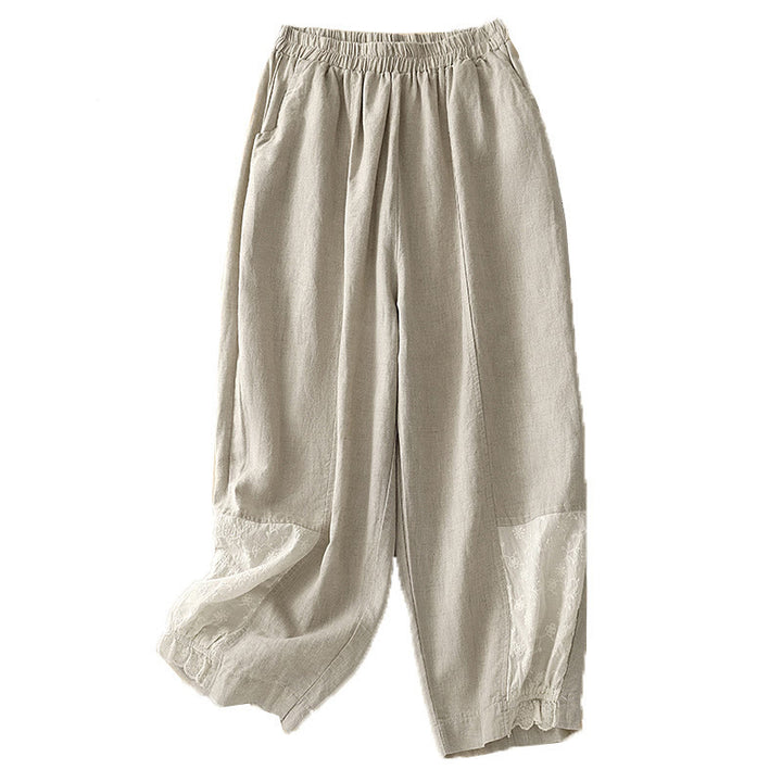 Pantalon court décontracté en coton avec broderies et patchwork de Buddha Stones , longueur 7-8, pour femme, avec poches