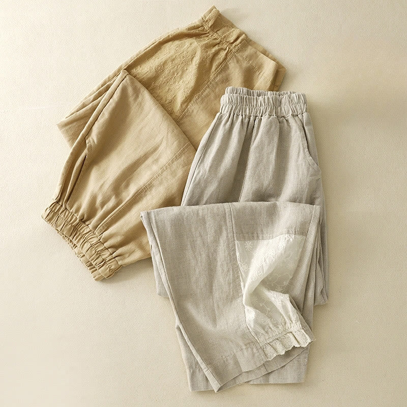Pantalon court décontracté en coton avec broderies et patchwork de Buddha Stones , longueur 7-8, pour femme, avec poches - image 17