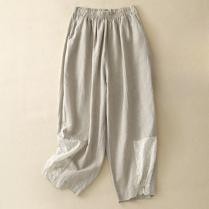 Pantalon court décontracté en coton avec broderies et patchwork de Buddha Stones , longueur 7-8, pour femme, avec poches - Beige - US8-10，UK/AU12-14，EU40-42 (2XL) - image 5