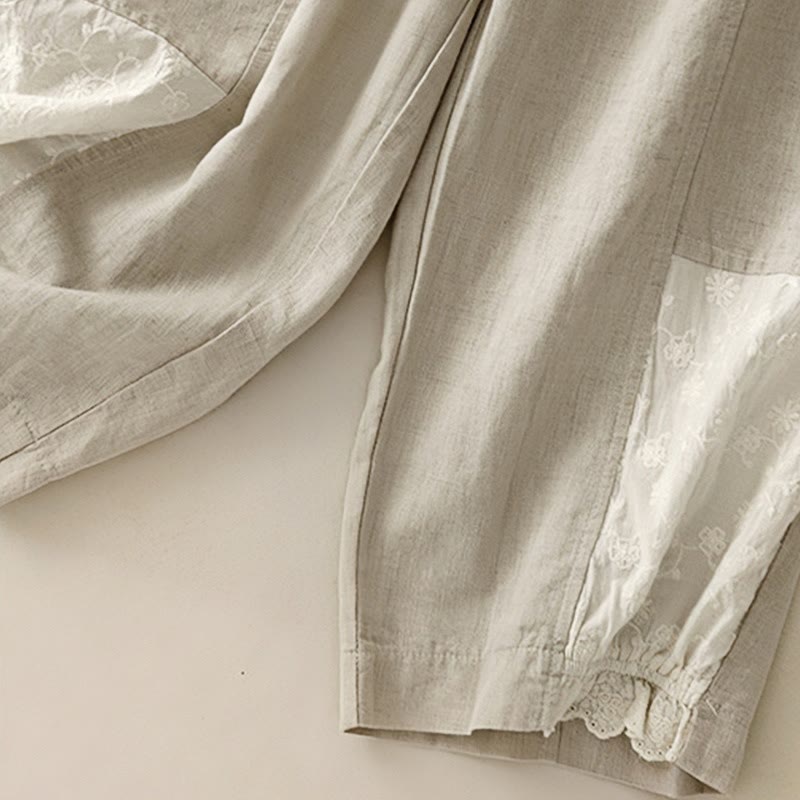 Pantalon court décontracté en coton avec broderies et patchwork de Buddha Stones , longueur 7-8, pour femme, avec poches