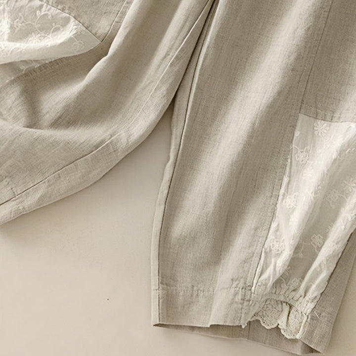 Pantalon court décontracté en coton avec broderies et patchwork de Buddha Stones , longueur 7-8, pour femme, avec poches