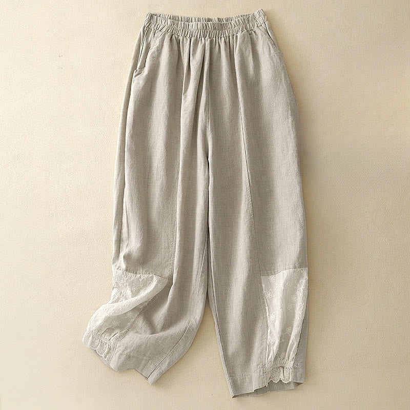 Pantalon court décontracté en coton avec broderies et patchwork de Buddha Stones , longueur 7-8, pour femme, avec poches