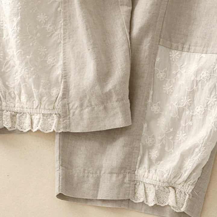 Pantalon court décontracté en coton avec broderies et patchwork de Buddha Stones , longueur 7-8, pour femme, avec poches