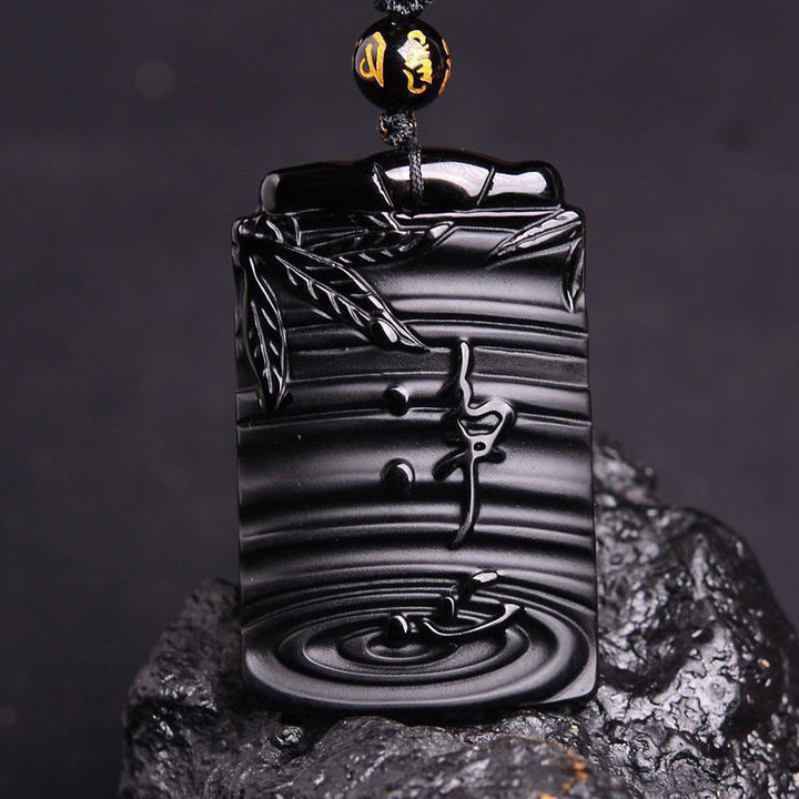 Collier pendentif en obsidienne noire naturelle en bambou avec Buddha Stones
