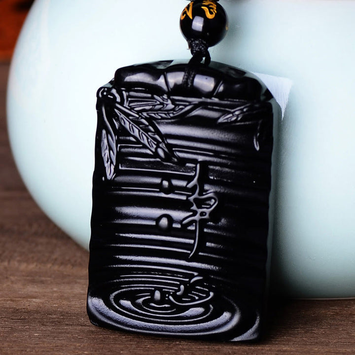 Collier pendentif en obsidienne noire naturelle en bambou avec Buddha Stones