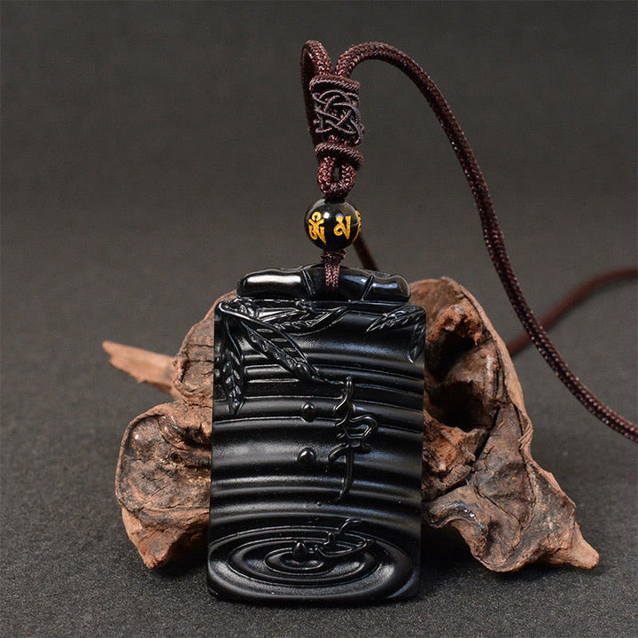 Collier pendentif en obsidienne noire naturelle en bambou avec Buddha Stones