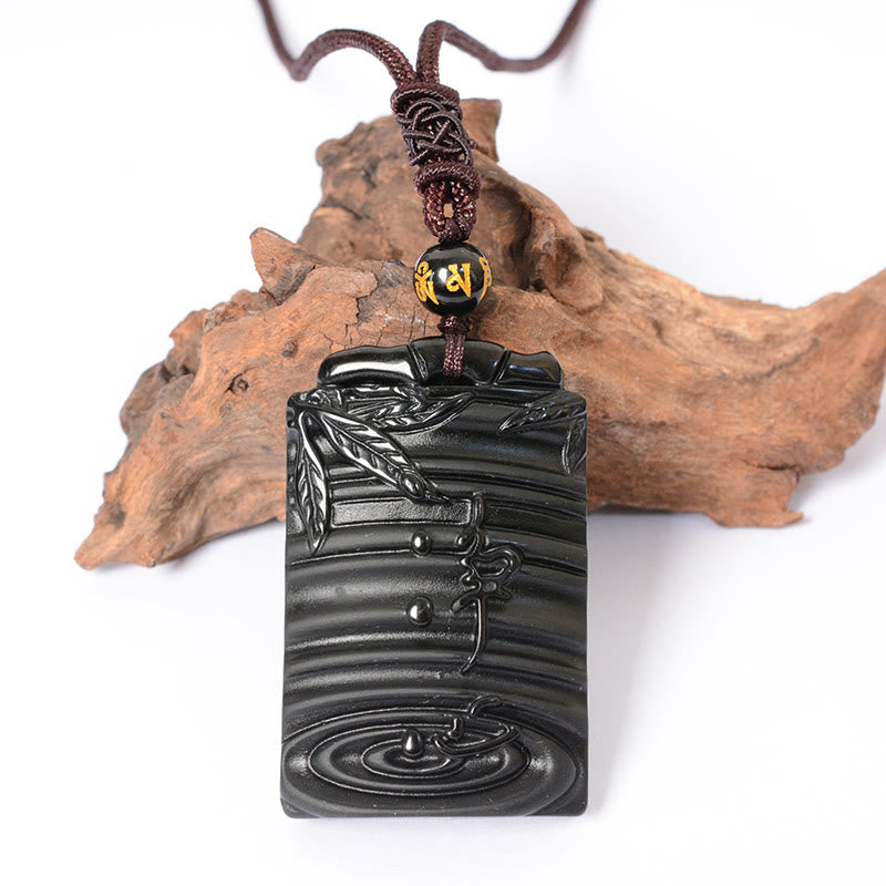 Collier pendentif en obsidienne noire naturelle en bambou avec Buddha Stones