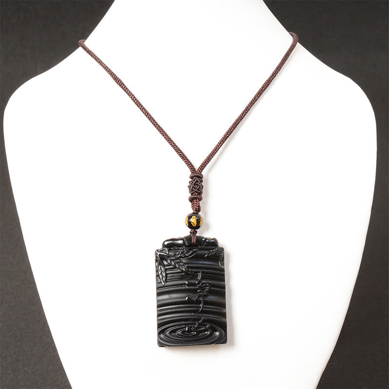 Collier pendentif en obsidienne noire naturelle en bambou avec Buddha Stones