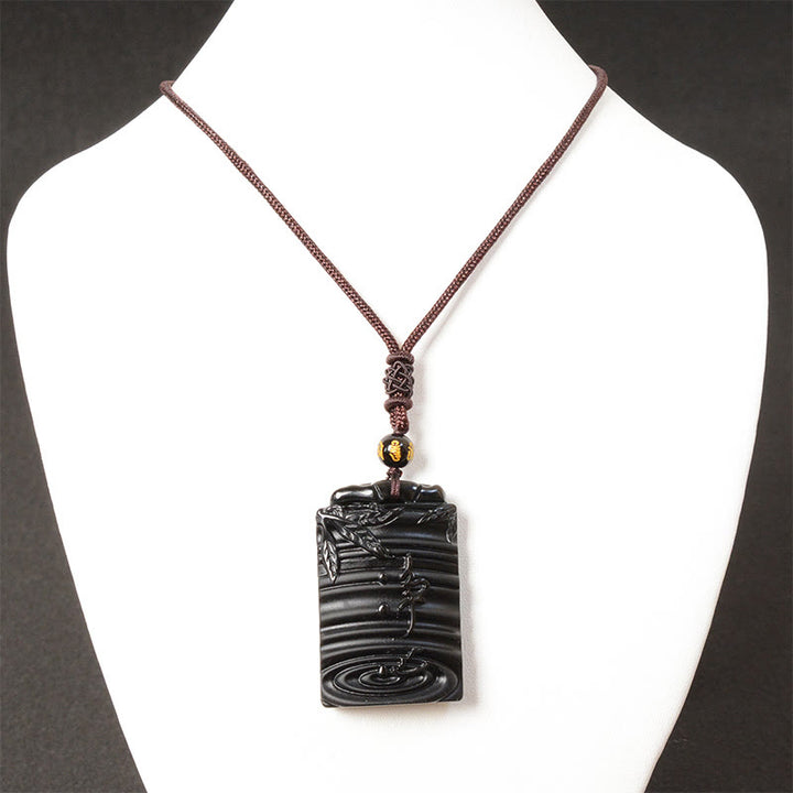 Collier pendentif en obsidienne noire naturelle en bambou avec Buddha Stones