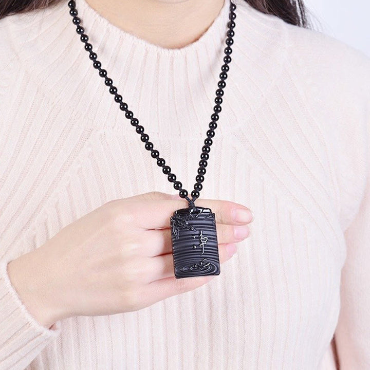 Collier pendentif en obsidienne noire naturelle en bambou avec Buddha Stones