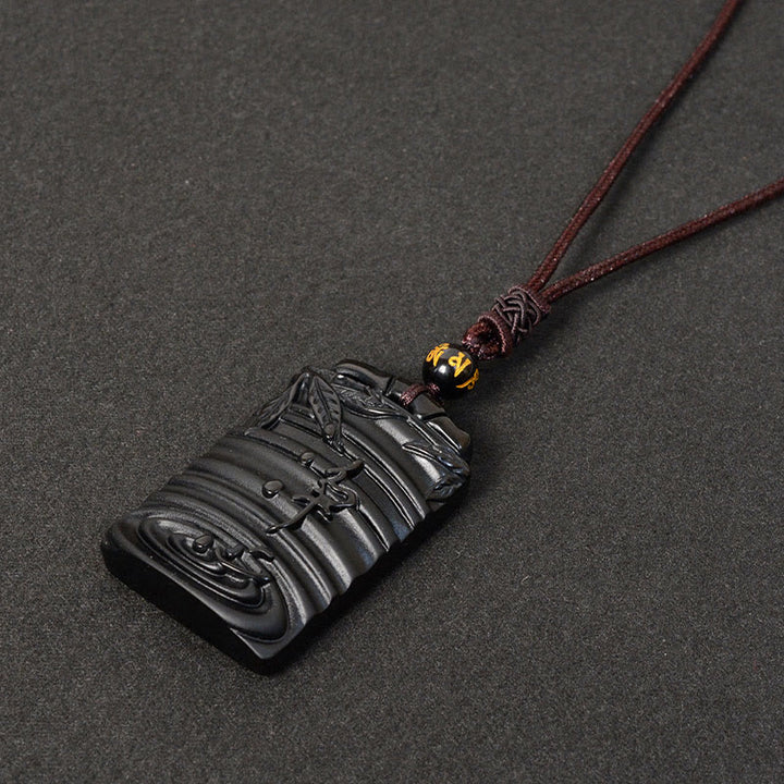 Collier pendentif en obsidienne noire naturelle en bambou avec Buddha Stones