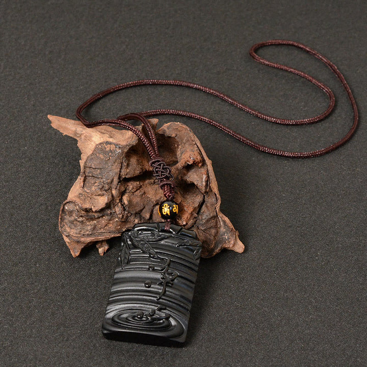 Collier pendentif en obsidienne noire naturelle en bambou avec Buddha Stones
