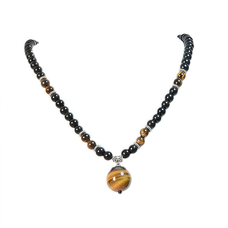Collier pendentif renforcé en obsidienne noire et œil de tigre avec Buddha Stones
