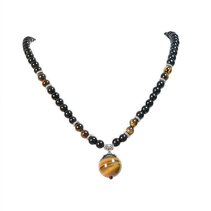 Collier pendentif renforcé en obsidienne noire et œil de tigre avec Buddha Stones