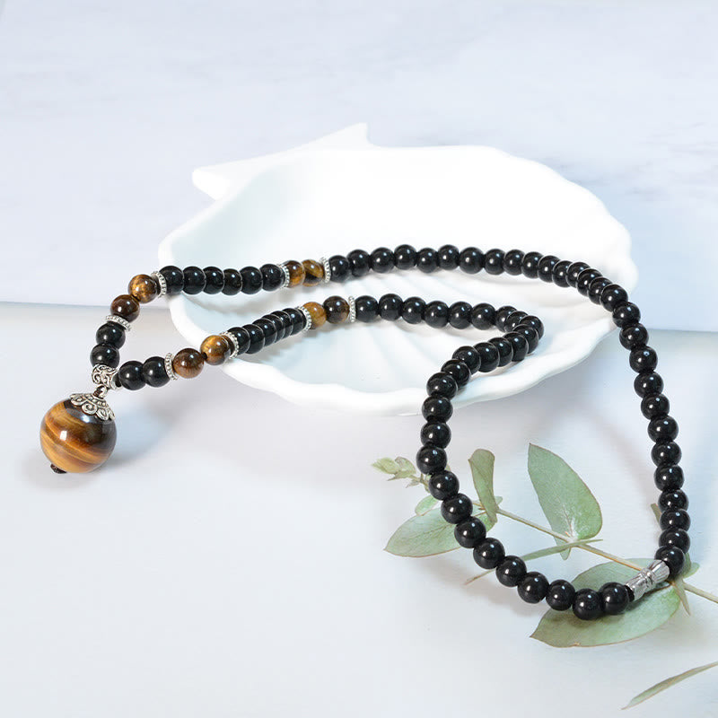 Collier pendentif renforcé en obsidienne noire et œil de tigre avec Buddha Stones