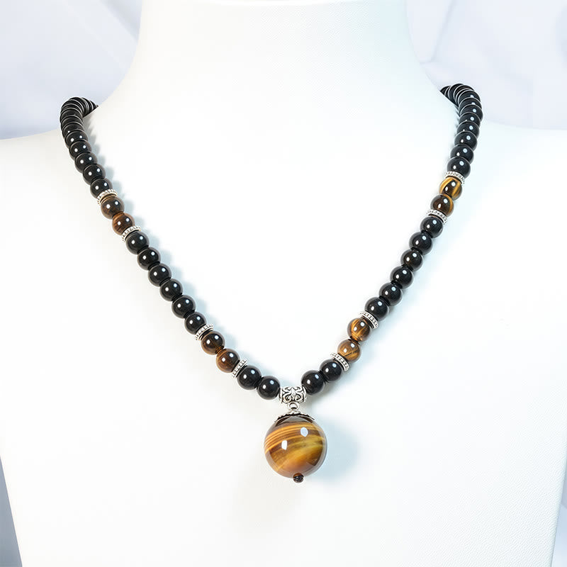 Collier pendentif renforcé en obsidienne noire et œil de tigre avec Buddha Stones