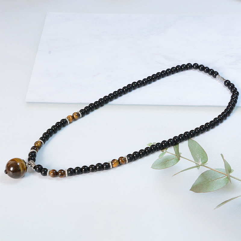 Collier pendentif renforcé en obsidienne noire et œil de tigre avec Buddha Stones