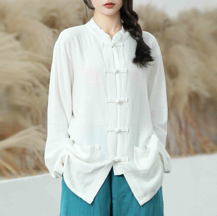 Chemises pour femmes en coton et lin à manches longues et Buddha Stones de grenouille de couleur unie avec poches - Blanc - US6，UK/AU10，EU38 (XL) - image 1
