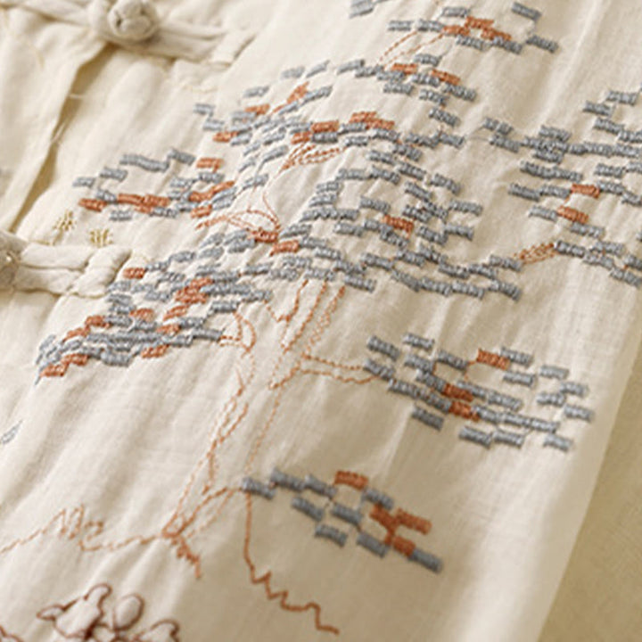 Chemise décontractée en coton à manches trois-quarts et col ras du cou avec broderies de plantes et boutons en forme de grenouille pour femmes Buddha Stones