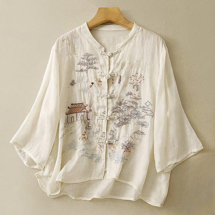 Chemise décontractée en coton à manches trois-quarts et col ras du cou avec broderies de plantes et boutons en forme de grenouille pour femmes Buddha Stones