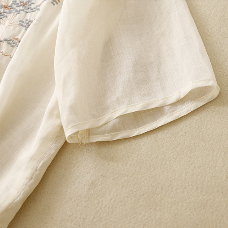Chemise décontractée en coton à manches trois-quarts et col ras du cou avec broderies de plantes et boutons en forme de grenouille pour femmes Buddha Stones