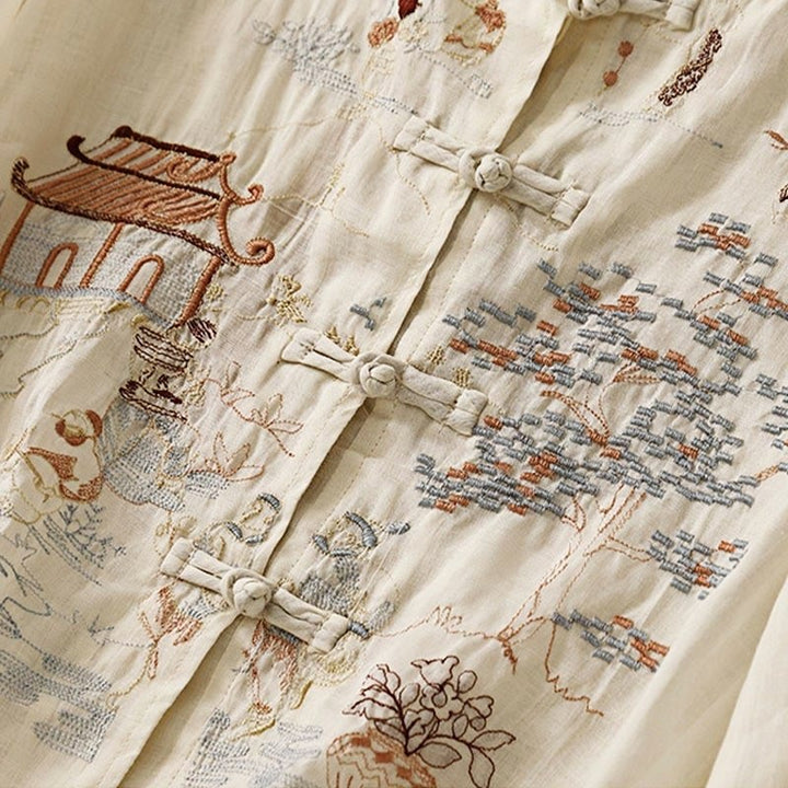 Chemise décontractée en coton à manches trois-quarts et col ras du cou avec broderies de plantes et boutons en forme de grenouille pour femmes Buddha Stones