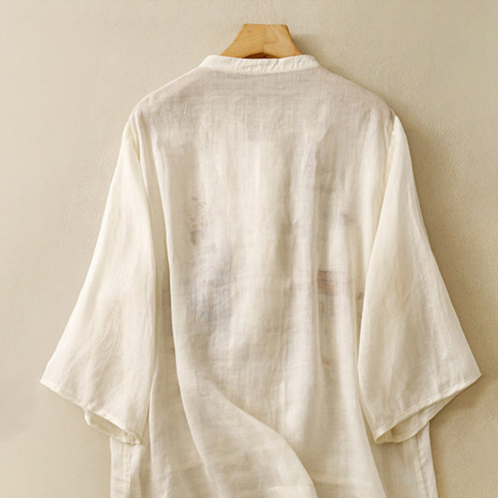 Chemise décontractée en coton à manches trois-quarts et col ras du cou avec broderies de plantes et boutons en forme de grenouille pour femmes Buddha Stones
