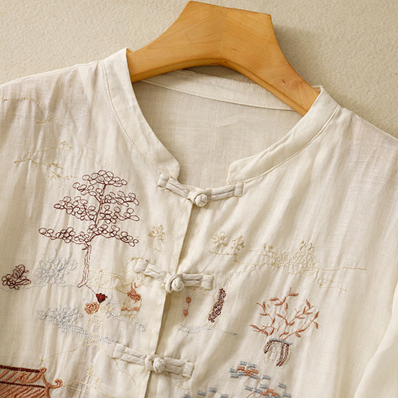 Chemise décontractée en coton à manches trois-quarts et col ras du cou avec broderies de plantes et boutons en forme de grenouille pour femmes Buddha Stones