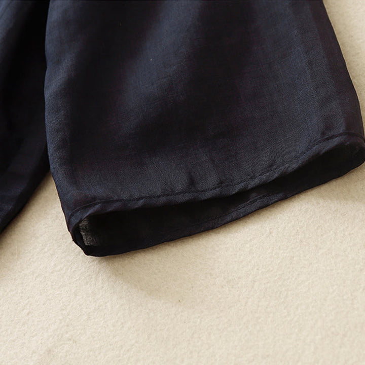 Chemise décontractée en coton à manches trois-quarts et col ras du cou avec broderies de plantes et boutons en forme de grenouille pour femmes Buddha Stones