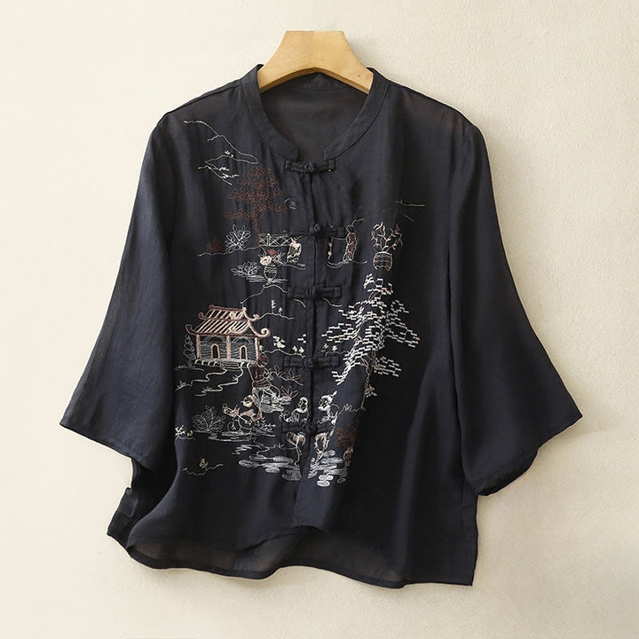 Chemise décontractée en coton à manches trois-quarts et col ras du cou avec broderies de plantes et boutons en forme de grenouille pour femmes Buddha Stones