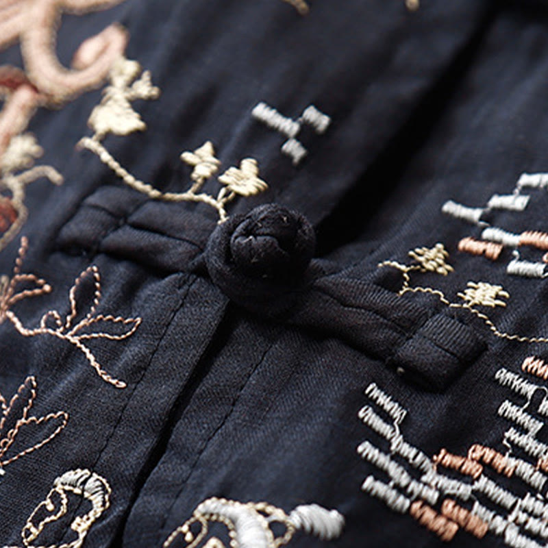 Chemise décontractée en coton à manches trois-quarts et col ras du cou avec broderies de plantes et boutons en forme de grenouille pour femmes Buddha Stones
