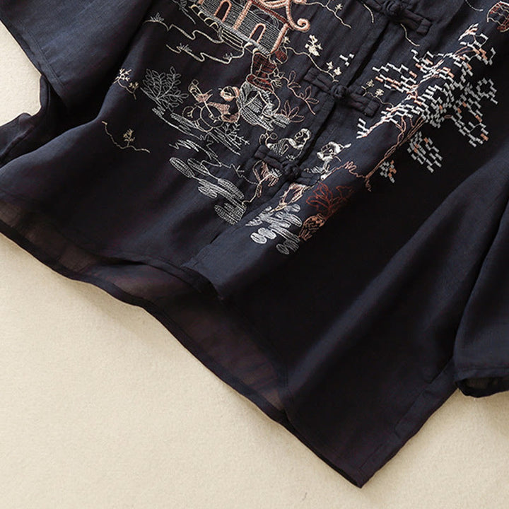 Chemise décontractée en coton à manches trois-quarts et col ras du cou avec broderies de plantes et boutons en forme de grenouille pour femmes Buddha Stones