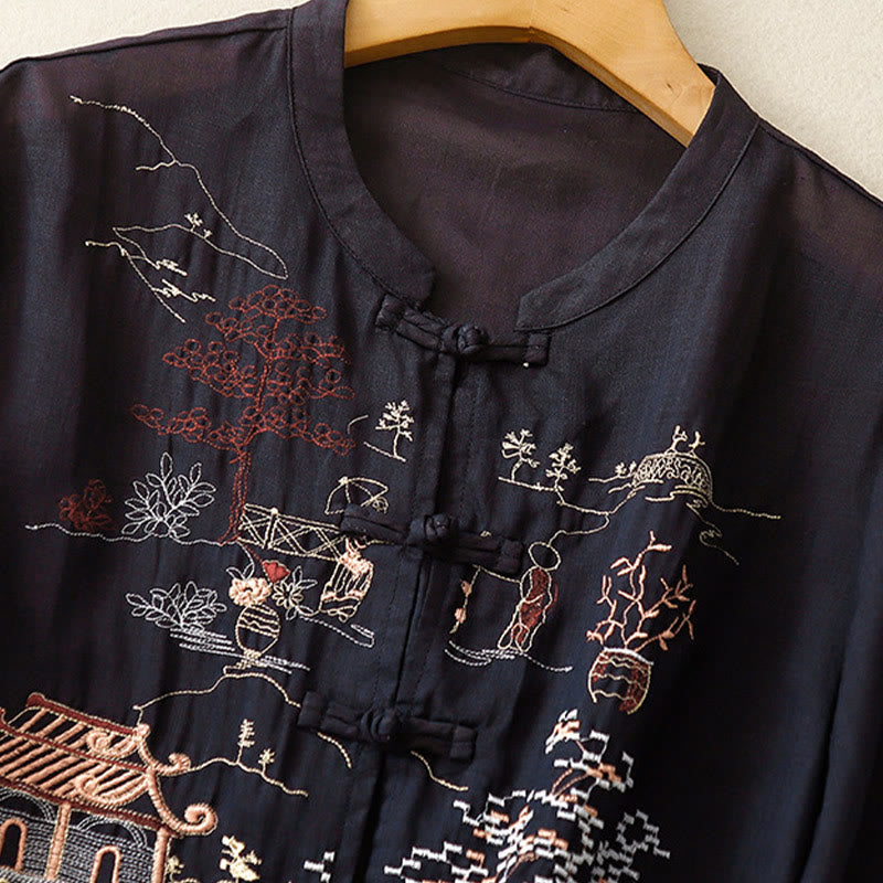 Chemise décontractée en coton à manches trois-quarts et col ras du cou avec broderies de plantes et boutons en forme de grenouille pour femmes Buddha Stones