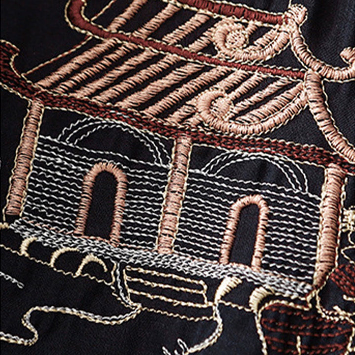 Chemise décontractée en coton à manches trois-quarts et col ras du cou avec broderies de plantes et boutons en forme de grenouille pour femmes Buddha Stones