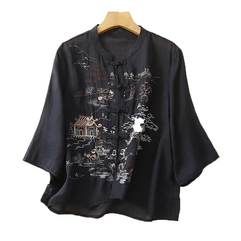 Chemise décontractée en coton à manches trois-quarts et col ras du cou avec broderies de plantes et boutons en forme de grenouille pour femmes Buddha Stones