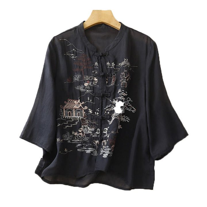 Chemise décontractée en coton à manches trois-quarts et col ras du cou avec broderies de plantes et boutons en forme de grenouille pour femmes Buddha Stones