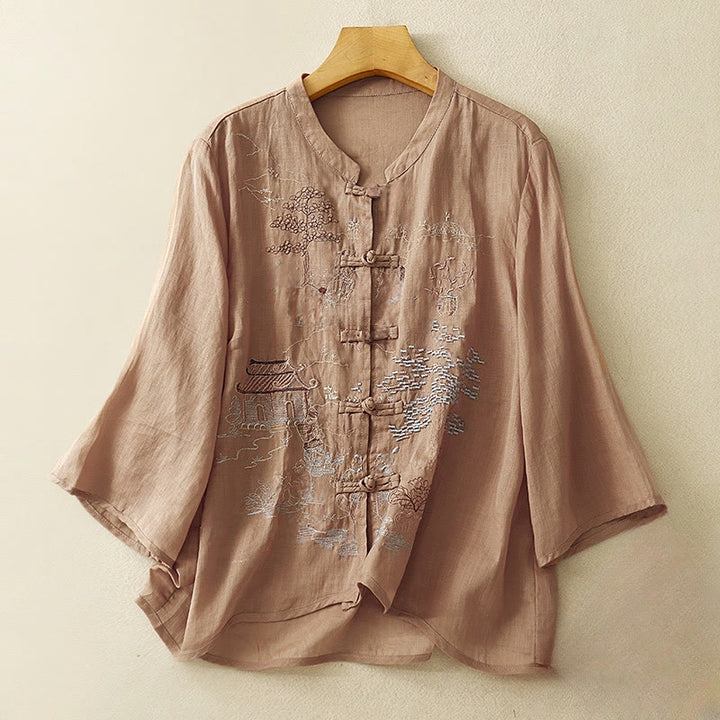 Chemise décontractée en coton à manches trois-quarts et col ras du cou avec broderies de plantes et boutons en forme de grenouille pour femmes Buddha Stones