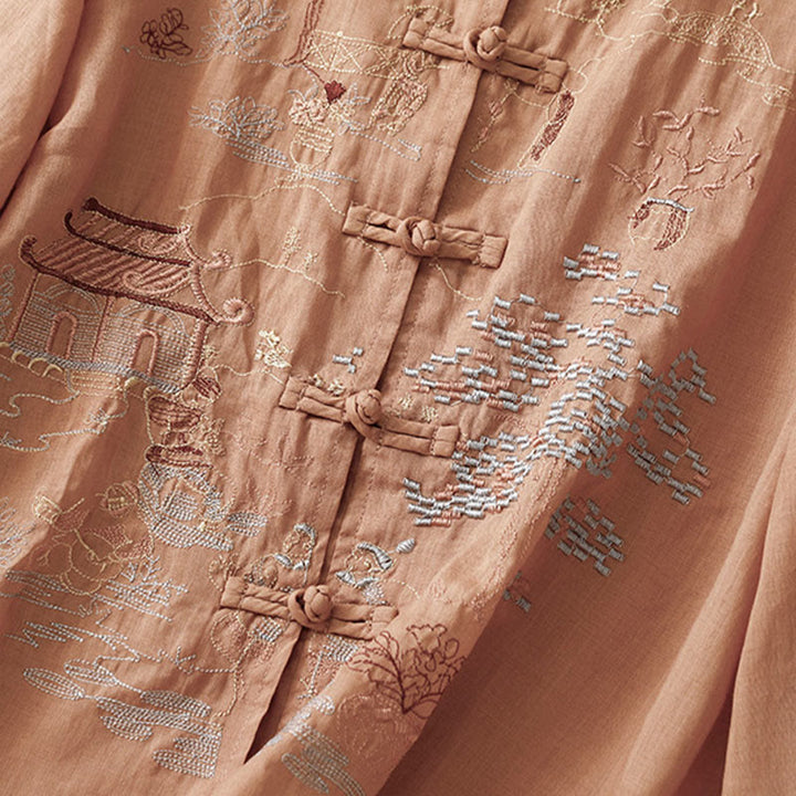 Chemise décontractée en coton à manches trois-quarts et col ras du cou avec broderies de plantes et boutons en forme de grenouille pour femmes Buddha Stones