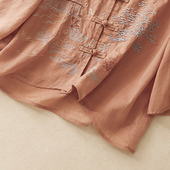 Chemise décontractée en coton à manches trois-quarts et col ras du cou avec broderies de plantes et boutons en forme de grenouille pour femmes Buddha Stones