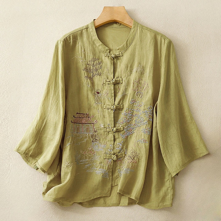 Chemise décontractée en coton à manches trois-quarts et col ras du cou avec broderies de plantes et boutons en forme de grenouille pour femmes Buddha Stones