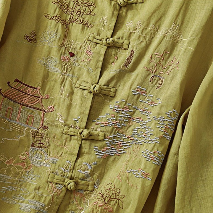 Chemise décontractée en coton à manches trois-quarts et col ras du cou avec broderies de plantes et boutons en forme de grenouille pour femmes Buddha Stones
