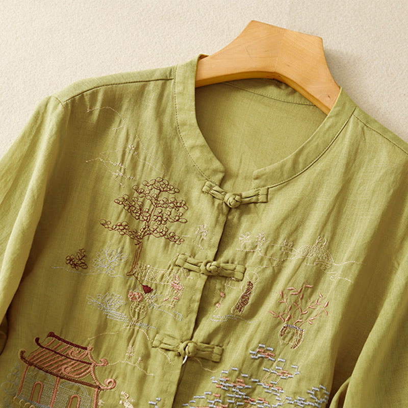 Chemise décontractée en coton à manches trois-quarts et col ras du cou avec broderies de plantes et boutons en forme de grenouille pour femmes Buddha Stones